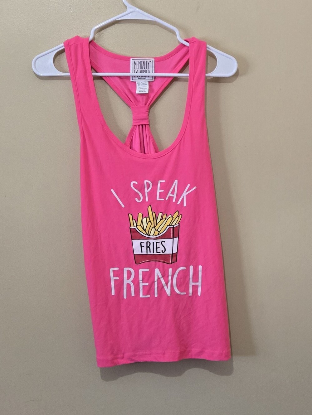 NWT Mentally Exhausted I Speak French Pink Tank Top